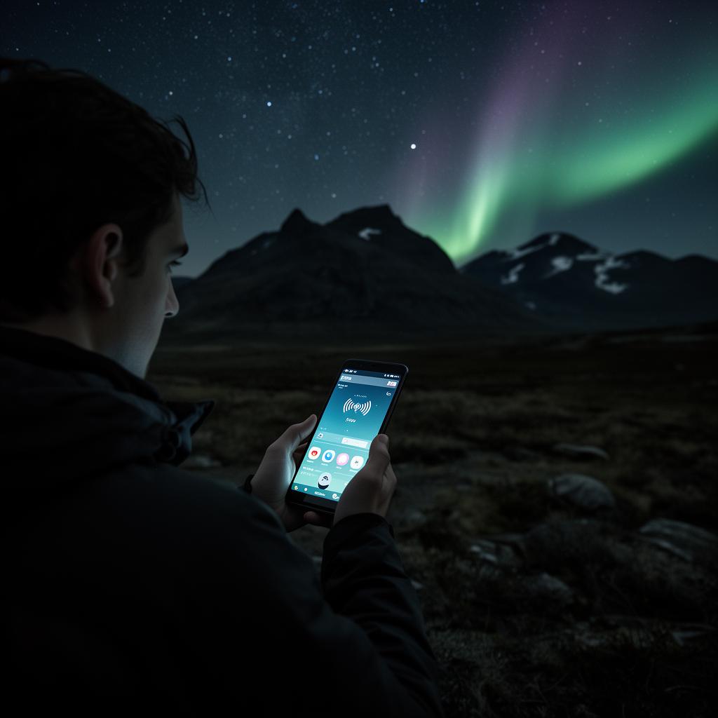 Celular conectado via satélite em paisagem remota